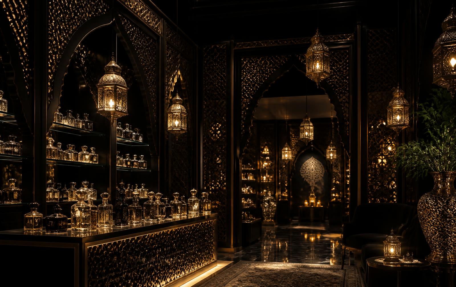 Boutique árabe de luxo com lanternas douradas e frascos de perfume